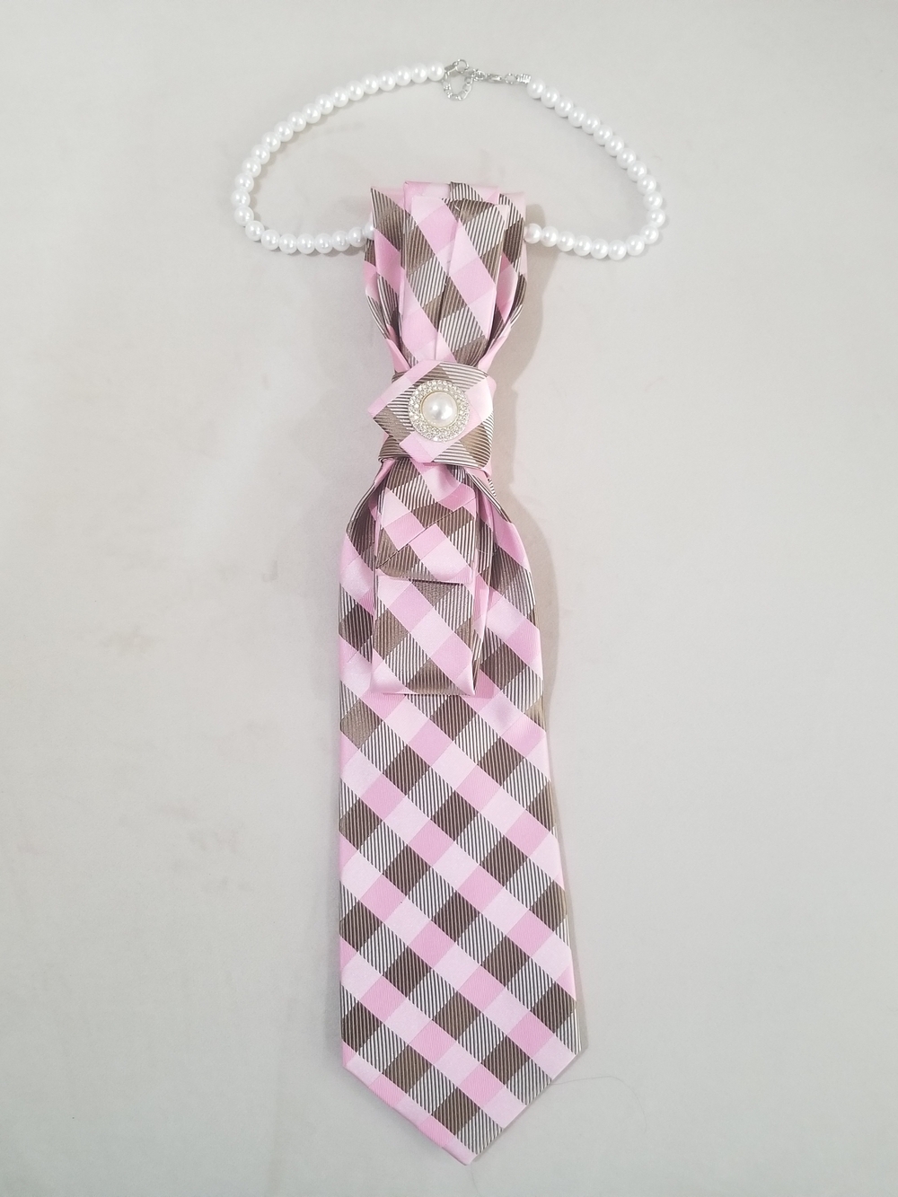 Pink and Brown Plaid  Necktie with Pearl Accent